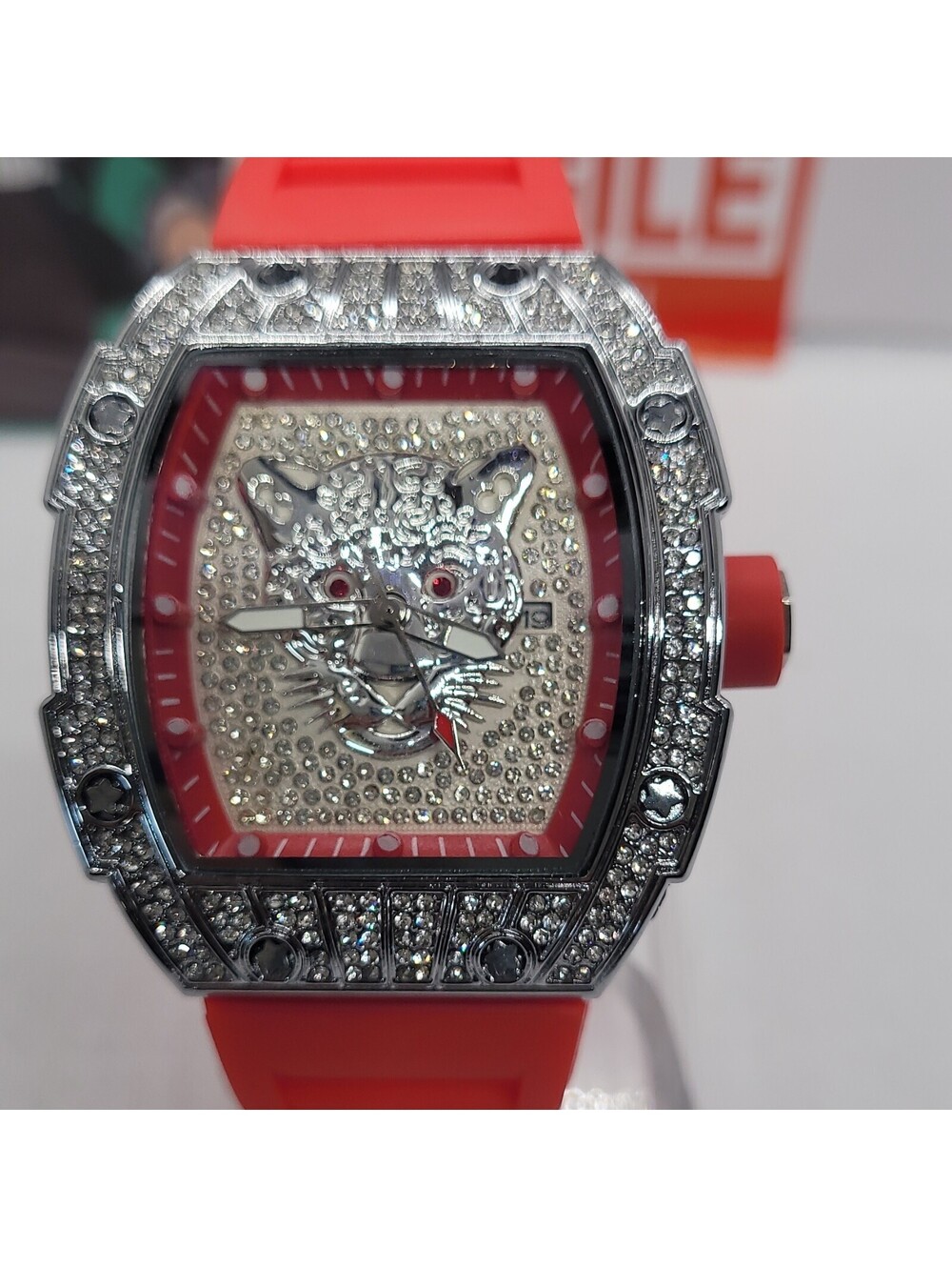427 AJ luxury diamond accent animal dial red silicone strap silver analog watch